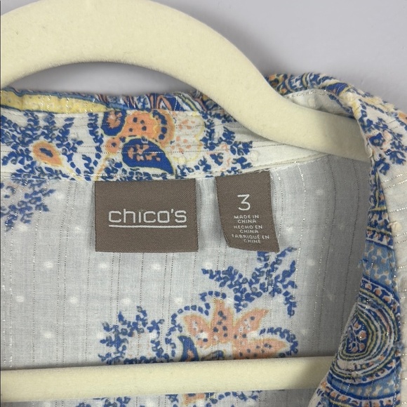 Chico's Dotted Swiss Semi-Sheer Blue, Coral & White Paisley 3/4 Sleeve Blouse 3 - Picture 3 of 12
